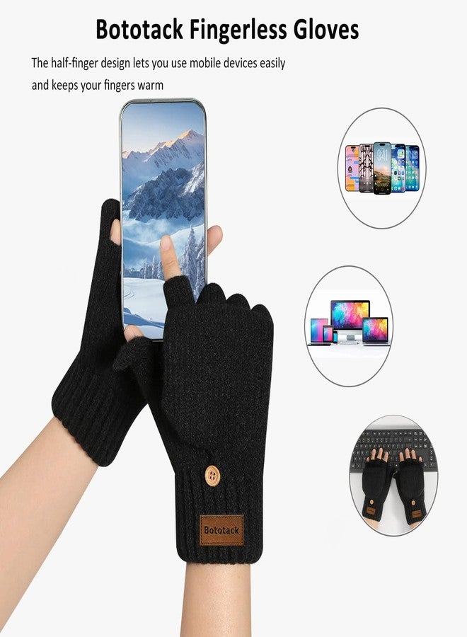 Bototack Winter Fingerless Gloves Warm Thermal Knitted Convertible Mittens Flap Cover for Women Men Typing Driving Working (Black) - Image 2